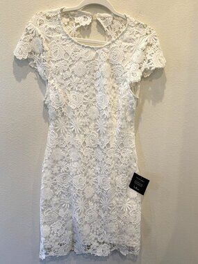 NWT Lulus White Floral Lace Dress Small Cap Sleeves Pencil Backless Medium Mini